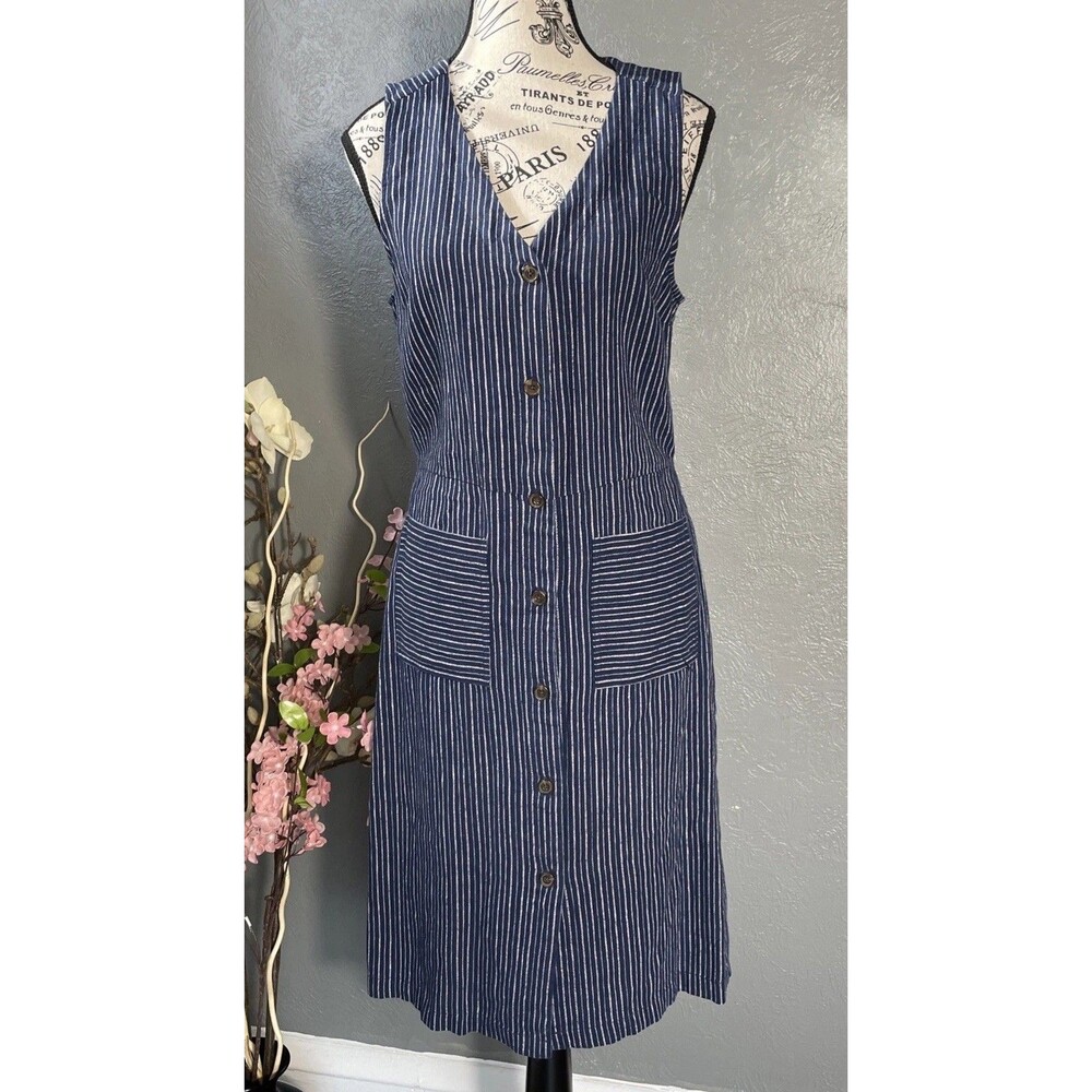 OLD NAVY Dress S Sleeveless Shift Drop Waist Striped Linen Blend Blue Fit Flare